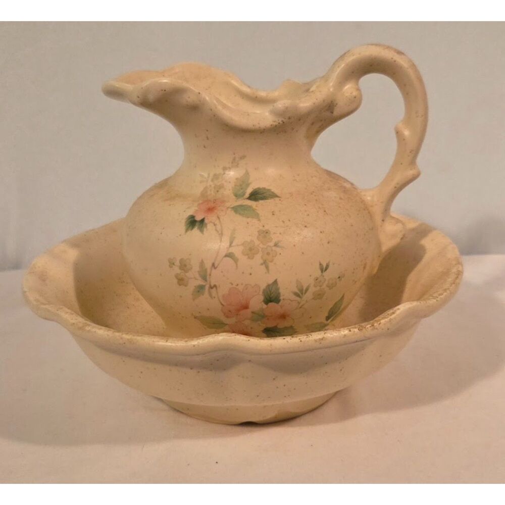 Vintage Floral Ceramic Wash Basin & Pitcher Set Cream Speckled Cottage Decor